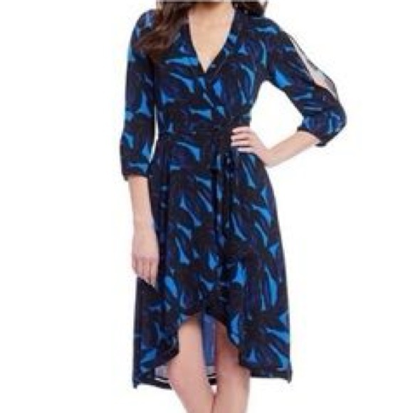 H by Halston SzM New Tag Split Sleeve Wrap Midi Dress Blue Leaf Flounce & Flare - Picture 1 of 12